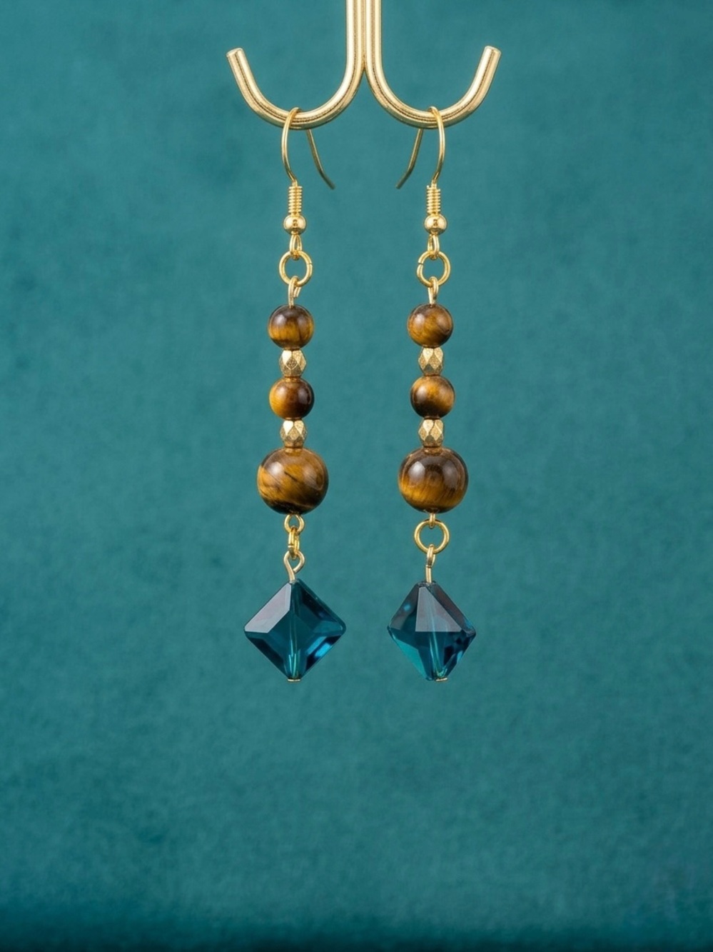 Handmade Gold-Tone Tiger Eye & Teal Crystal Drop Earrings